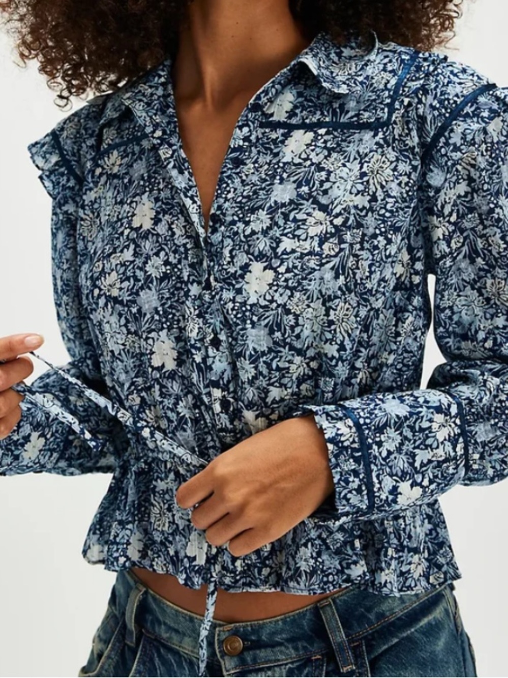 NEW Sz Small Free People Daybreak Blouse Top Shirt Blue Floral Cottagecore NWT